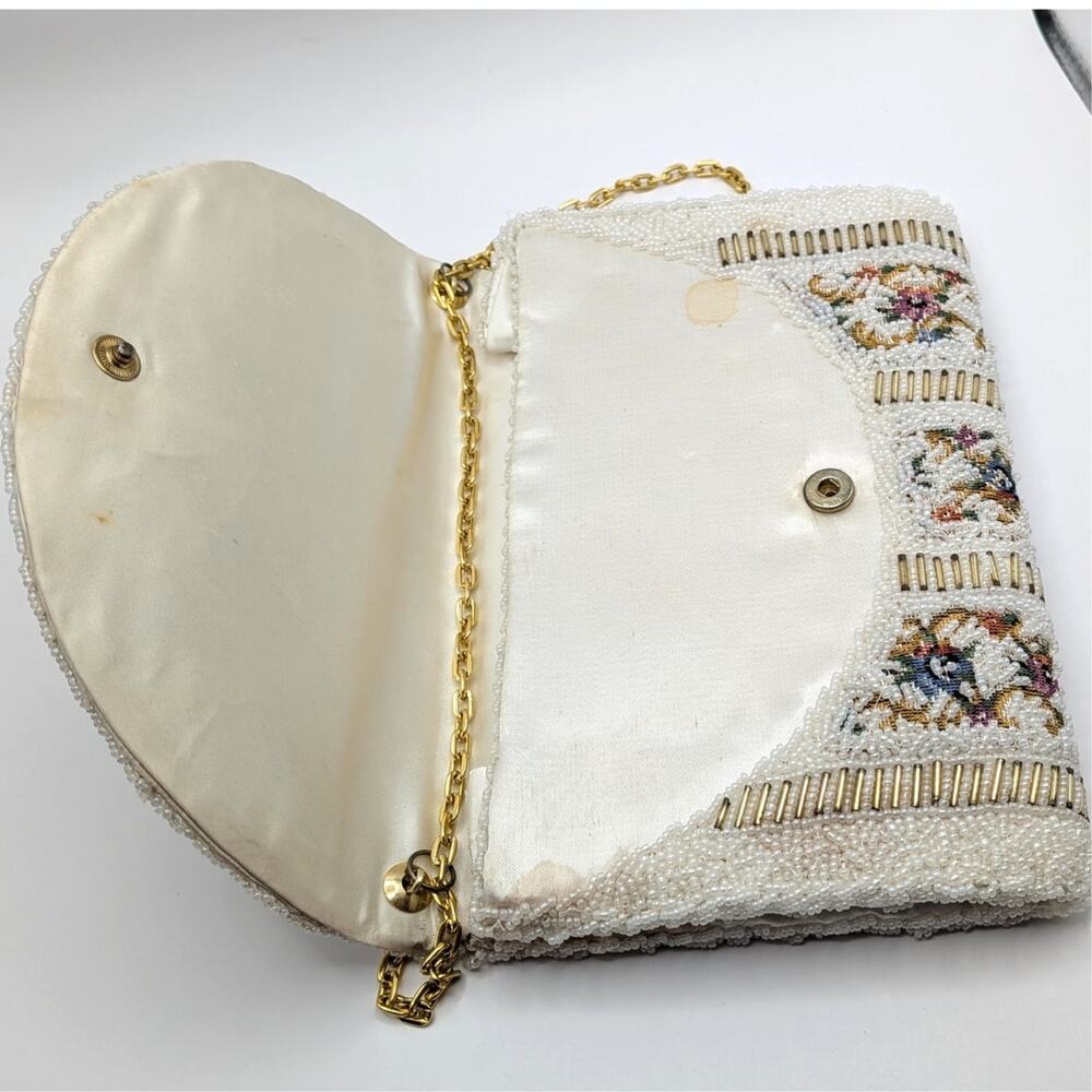 Vintage Tapestry Floral White Beaded Purse Shoulder Bag Adjustable Chain Strap - Picture 5 of 12
